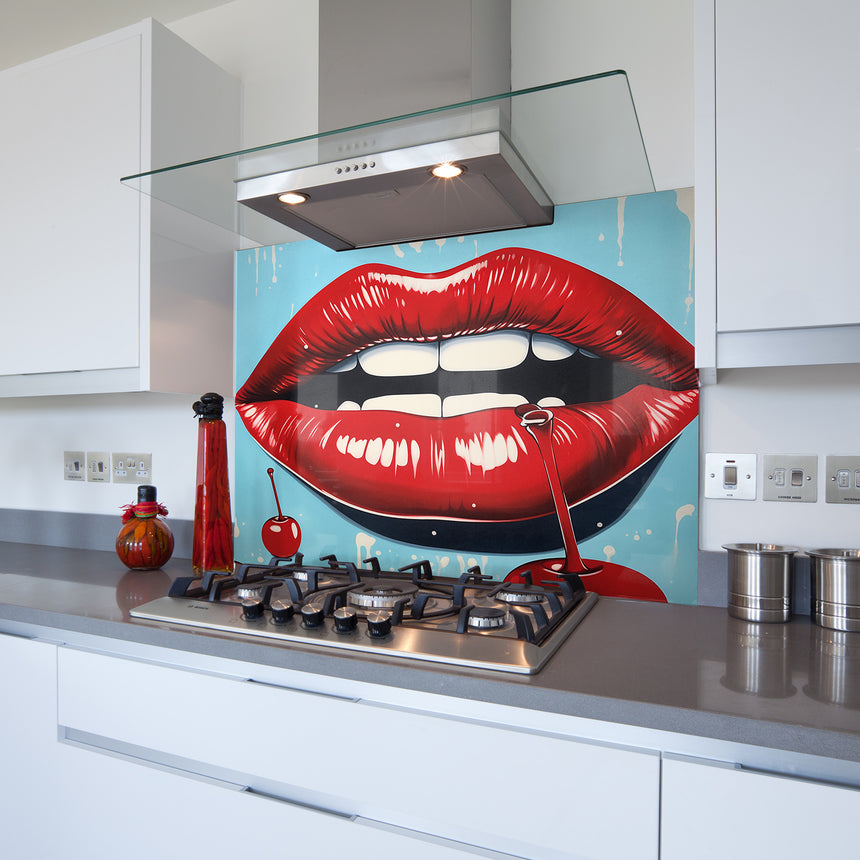 Printed Glass Kitchen Splashback Cherry Red Lips