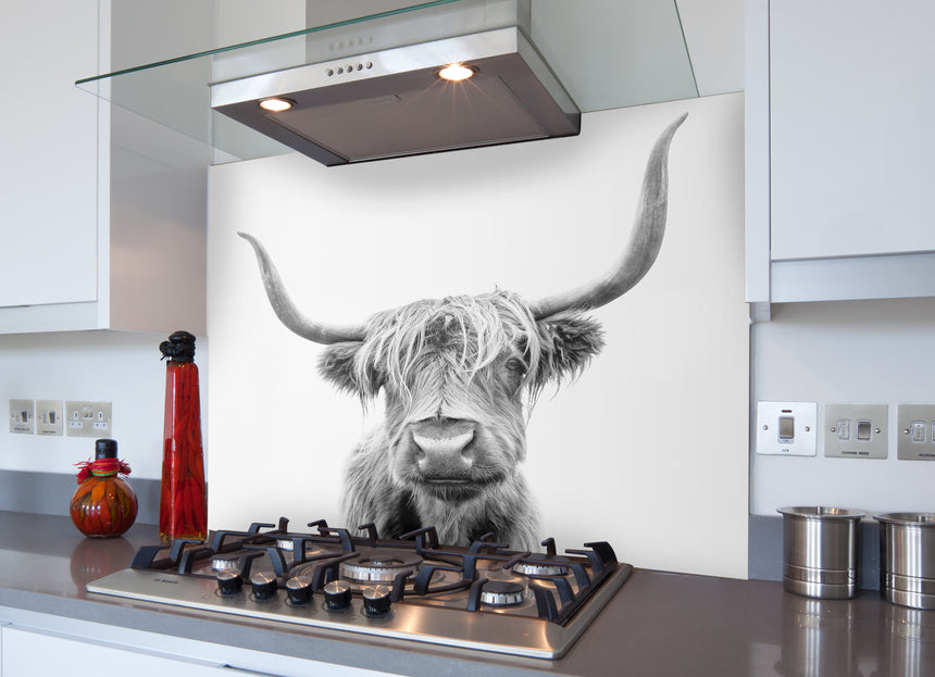Printed Glass Kitchen Grey Highland Cow Splashback