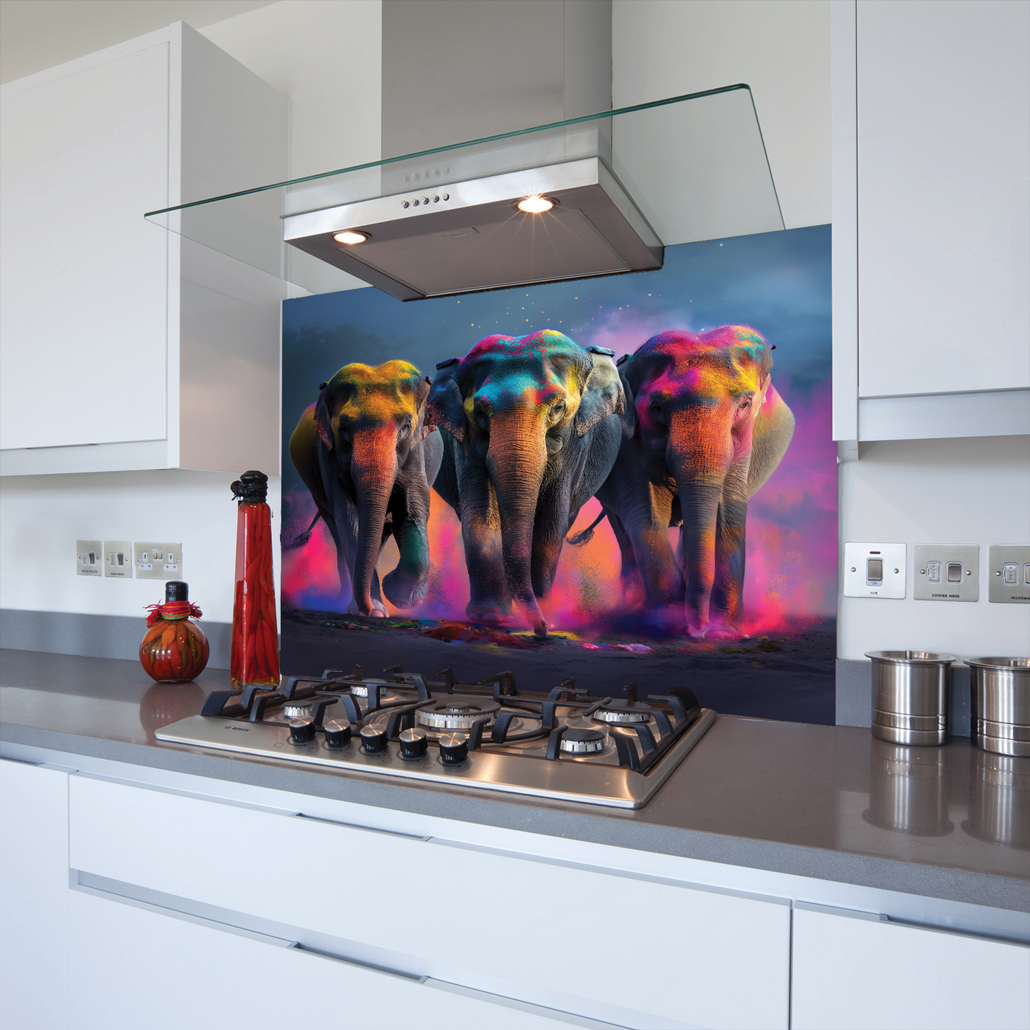 Printed Glass Kitchen Splashback Bespoke Size Toughened Three Elephants V2