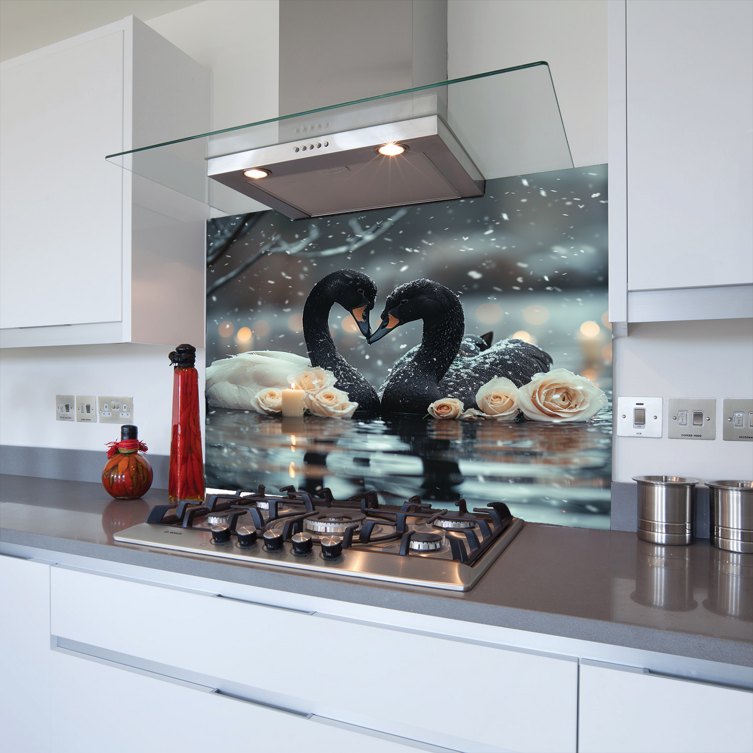Printed Glass Kitchen Splashback Swans Heart