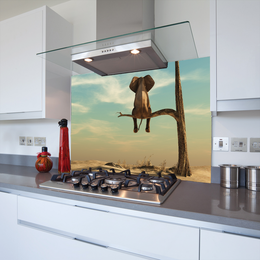 Printed Glass Kitchen Splashback Elephant on a Tree