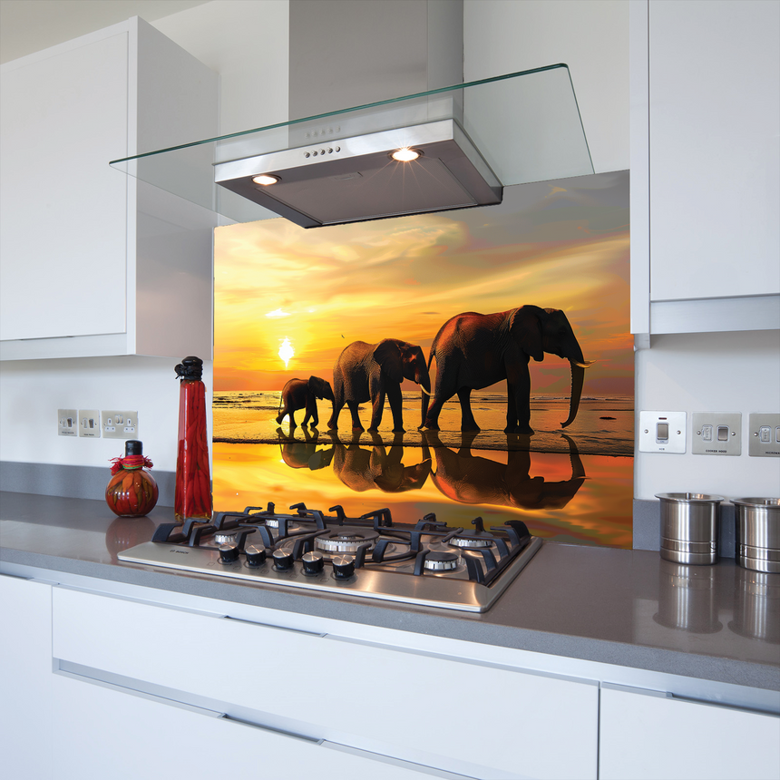 Printed Glass Kitchen Splashback Elephants in the Sunset