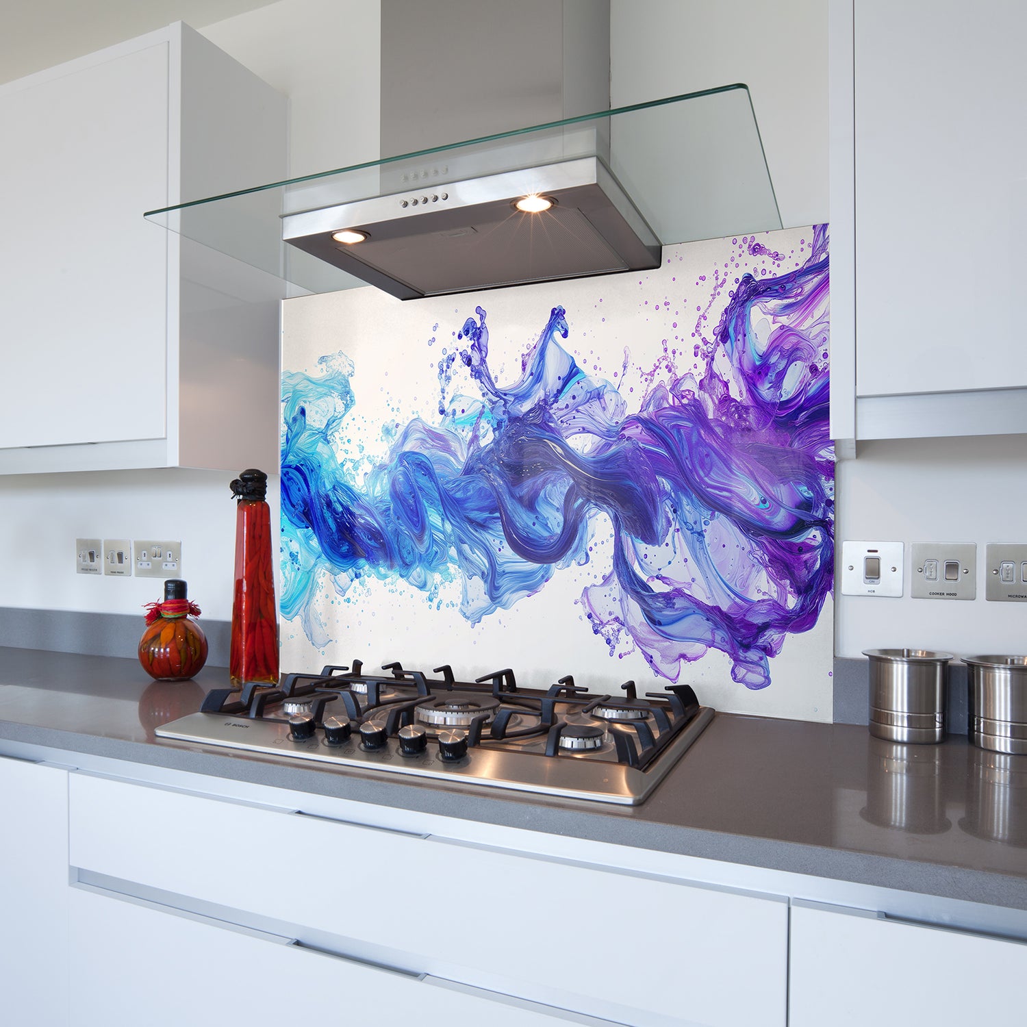 Printed Glass Kitchen Splashback Blue & Purple Ink