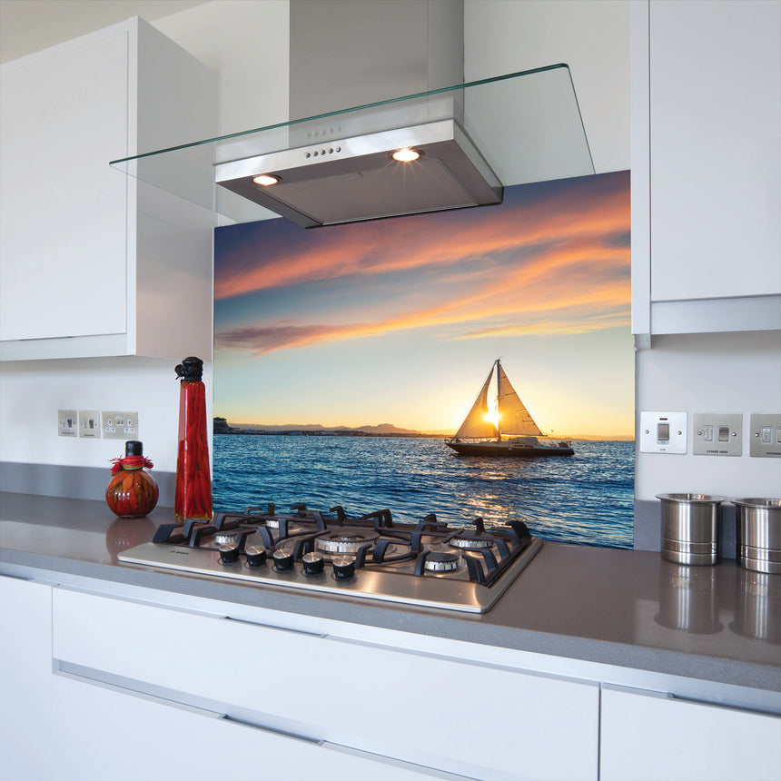 Printed Glass Kitchen Splashback Yacht in Sunset
