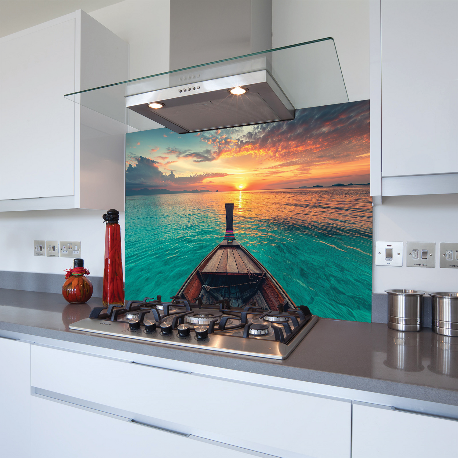 Printed Glass Kitchen Splashback Boat in the Ocean
