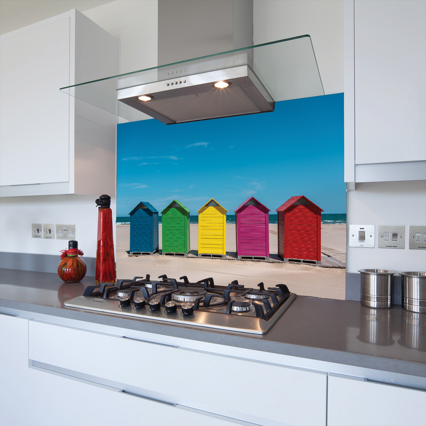 Printed Glass Kitchen Splashback Beach Huts V2