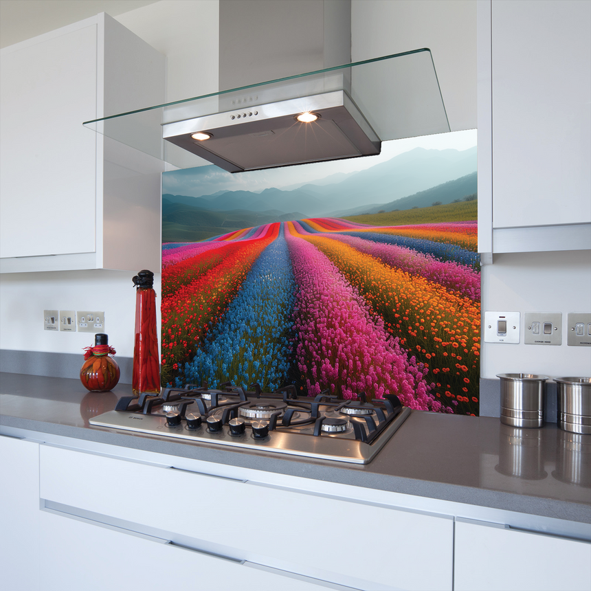 Printed Glass Kitchen Splashback Coloured Flower Field