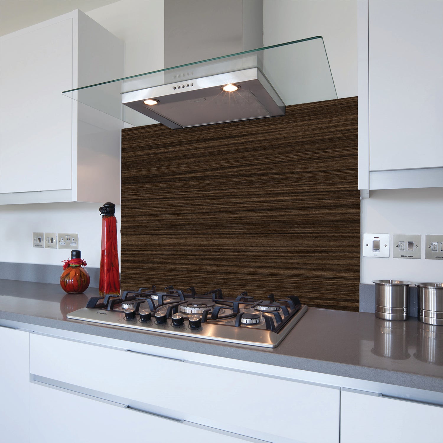 Printed Glass Kitchen Splashback Dark Wood Grain