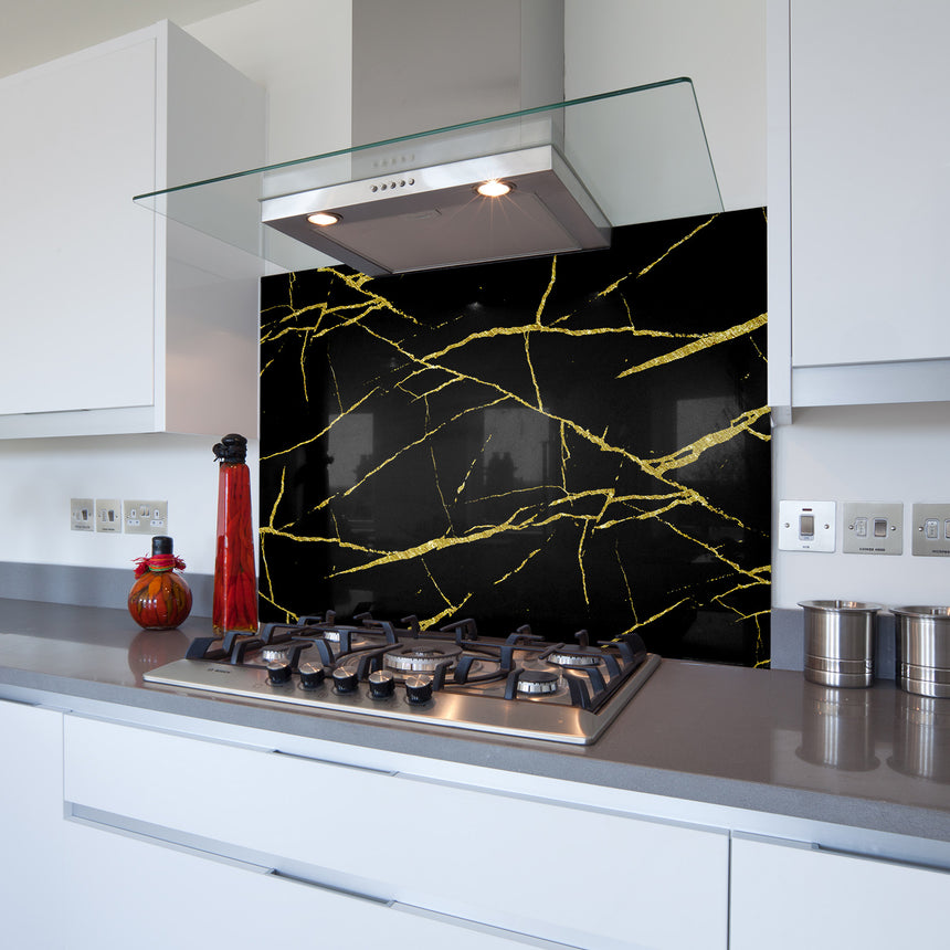 Printed Glass Kitchen Splashback Gold Vein Black Granite
