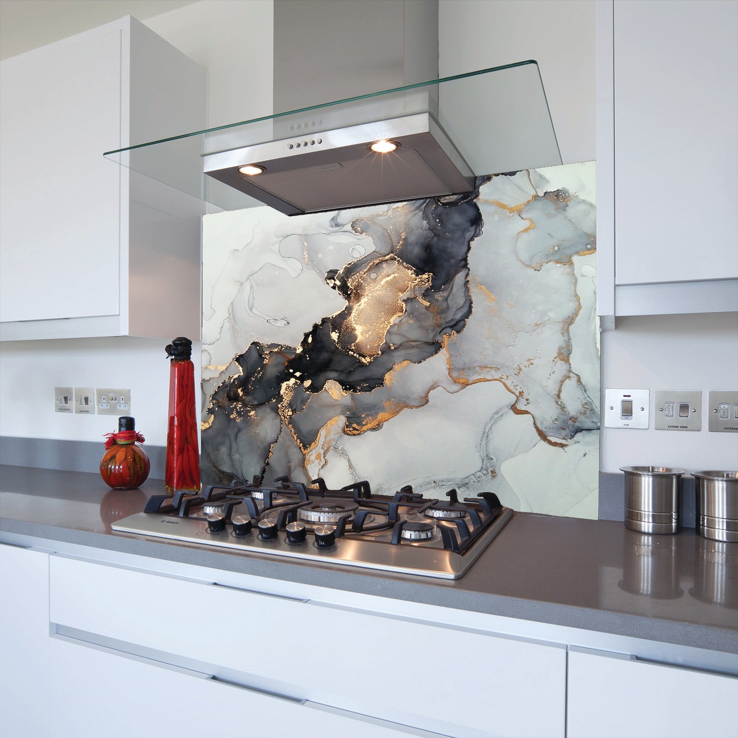 Printed Glass Kitchen Splashback Grey and Gold Marble