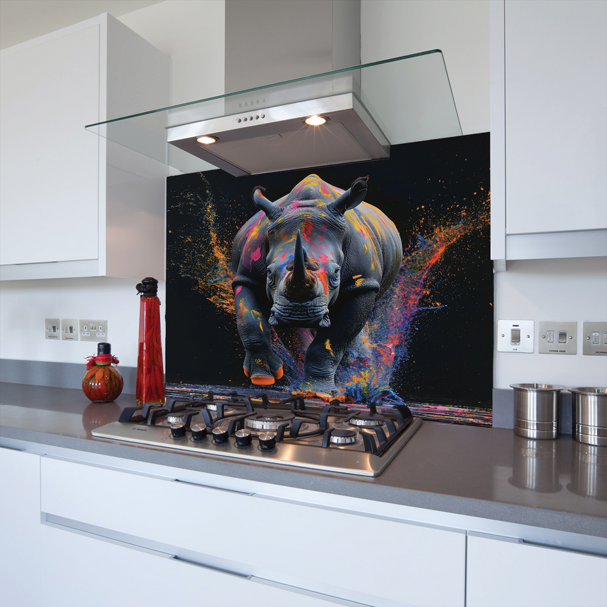 charging rhino glass wall art