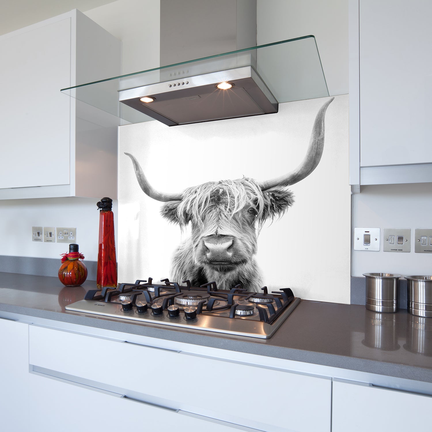 grey highland cow splashback for the ktichen