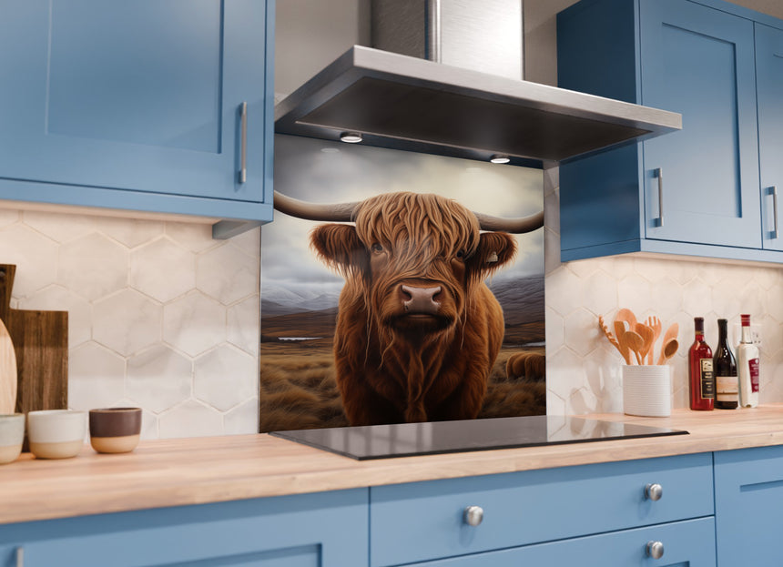 Highland cow kitchen glass splashback