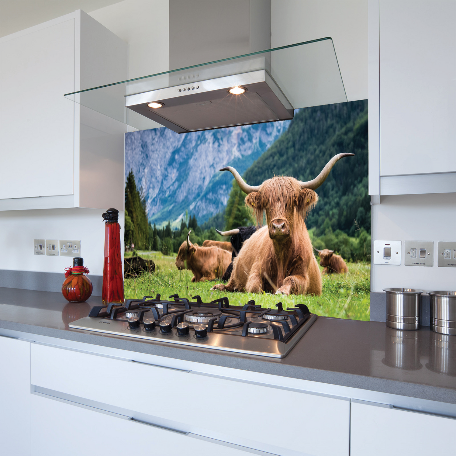 Printed highland cow splashback in the mountains