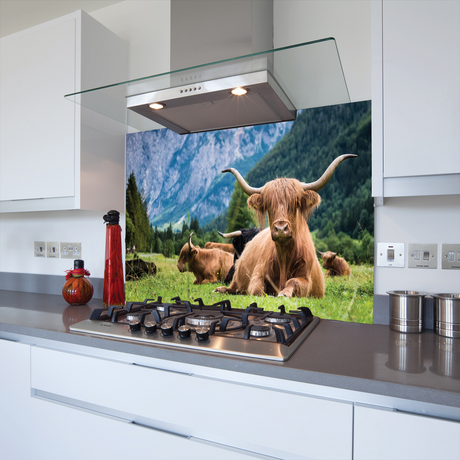 Printed highland cow splashback in the mountains