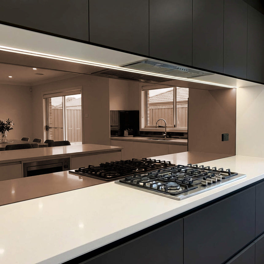 Toughened bronze mirror splashback
