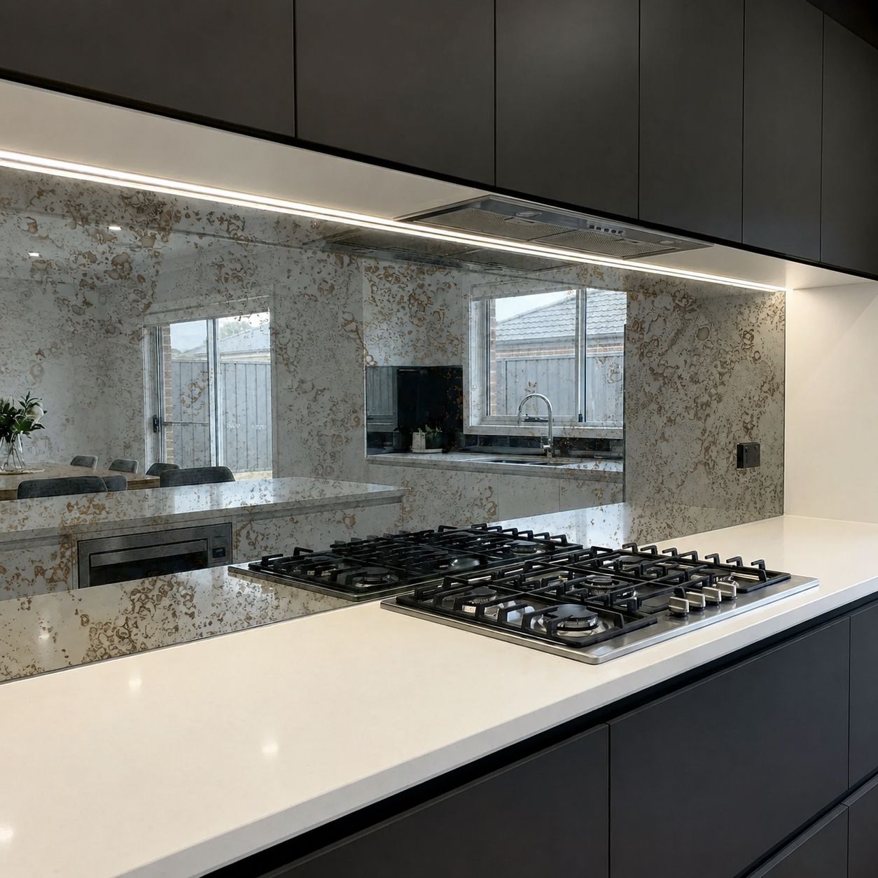 A kitchen with a gas hob with a antique mirror splashback behind the hob