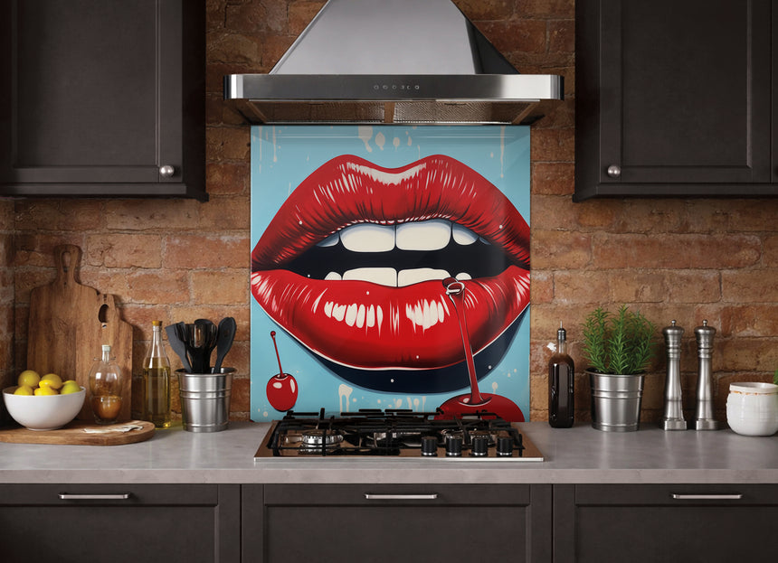 Printed Glass Kitchen Splashback Cherry Red Lips