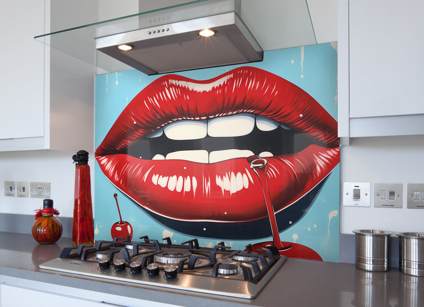 Printed Glass Kitchen Splashback Cherry Red Lips