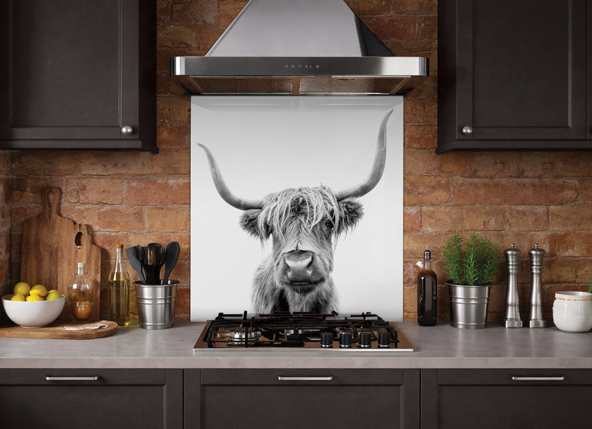 Printed Glass Kitchen Grey Highland Cow Splashback