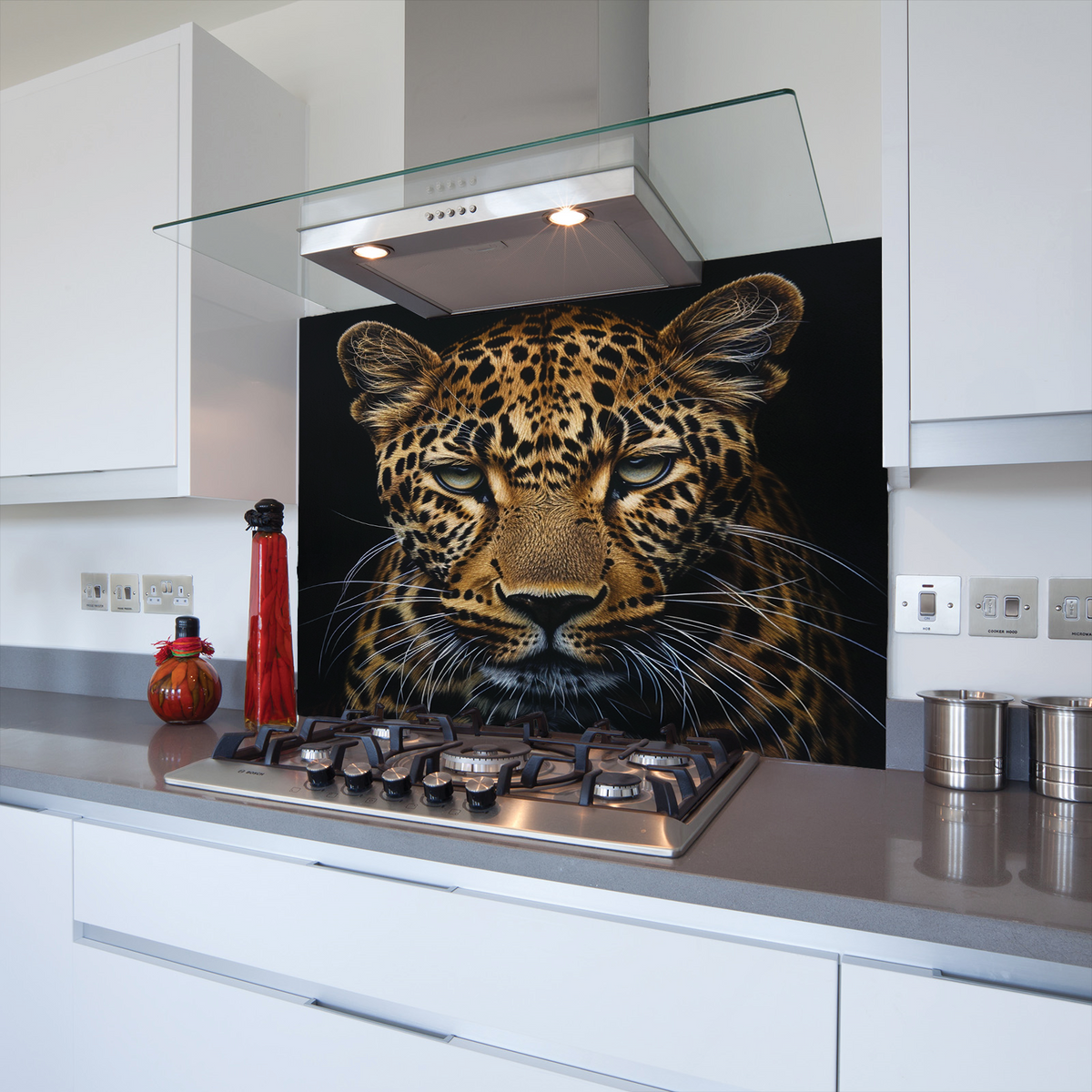 Printed Glass Kitchen Splashback Leopard Head – Bespoke Glass Products