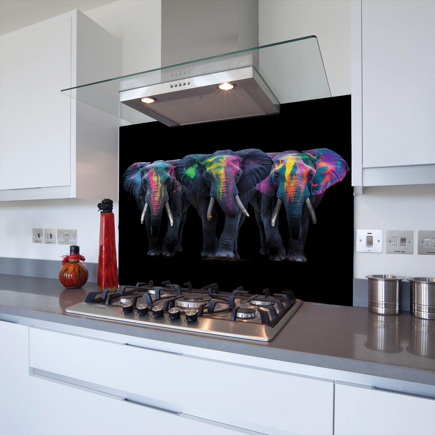 Printed Glass Kitchen Splashback Three Elephants