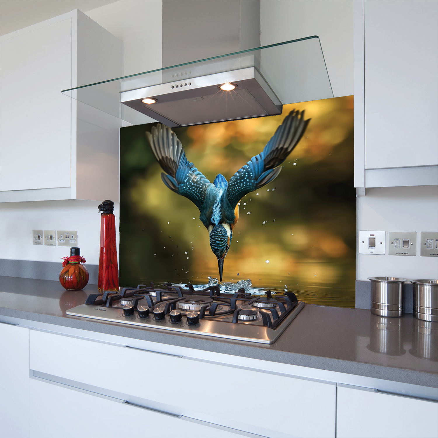 Printed Glass Kitchen Splashback Diving Kingfisher