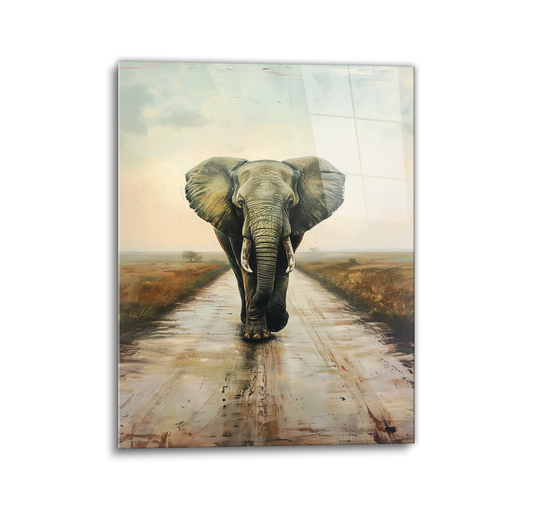 Elephant in the Road Glass Wall Art