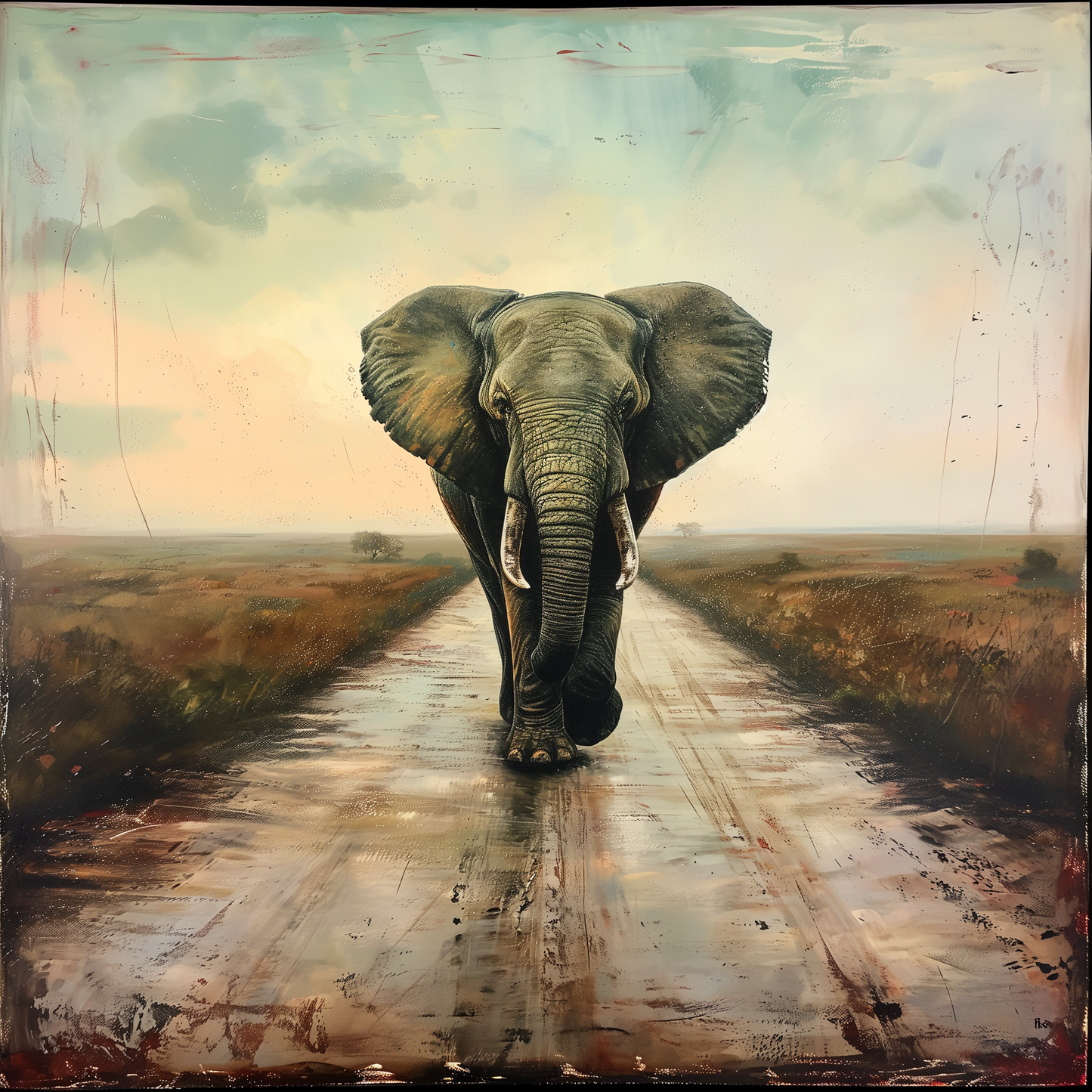 Elephant in the Road Glass Wall Art