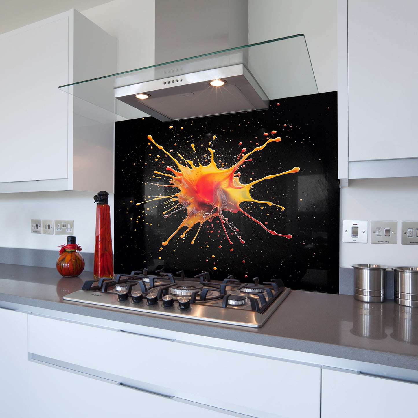 Printed Glass Kitchen Splashback Bespoke Size Toughened Orange Paint Splat