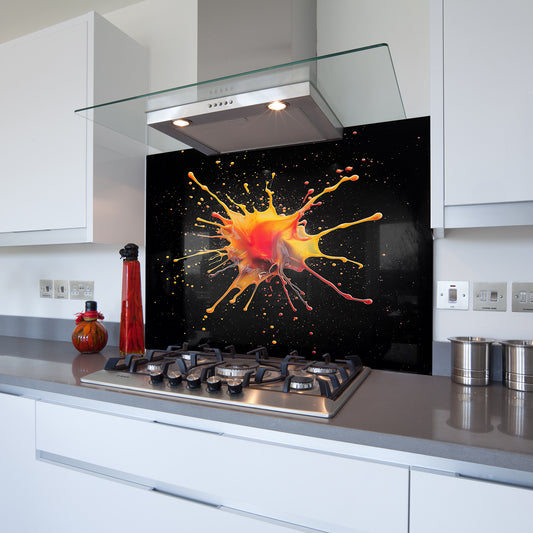 Printed Glass Kitchen Splashback Bespoke Size Toughened Orange Paint Splat