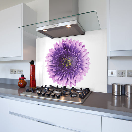 Printed Glass Kitchen Splashback Bespoke Size Toughened Purple Flowerhead