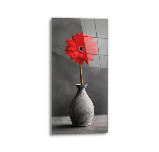 Red Flower Stem Glass Wall Art