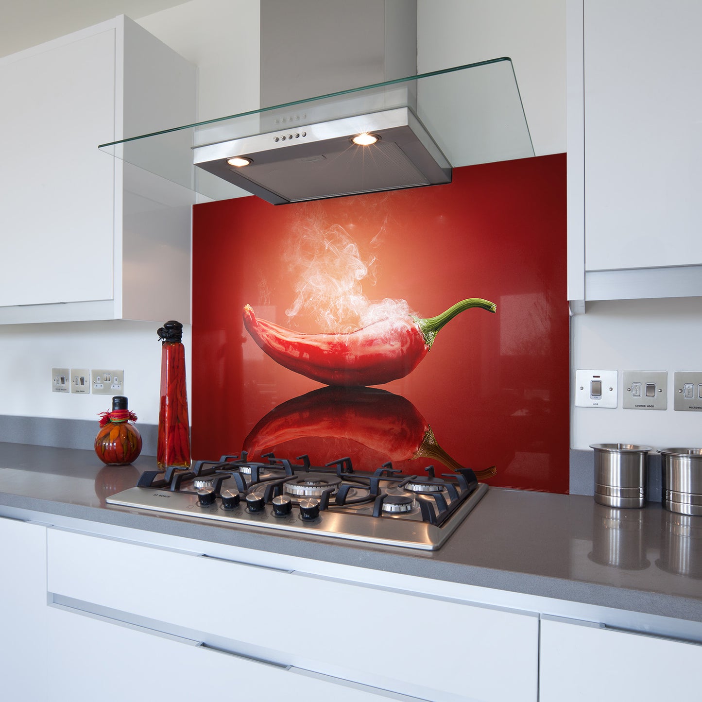 Printed Glass Kitchen Splashback Bespoke Size Toughened Simmering Chilli