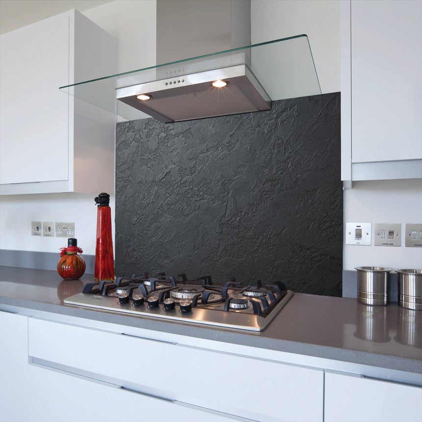 Black venetian plaster glass splashback