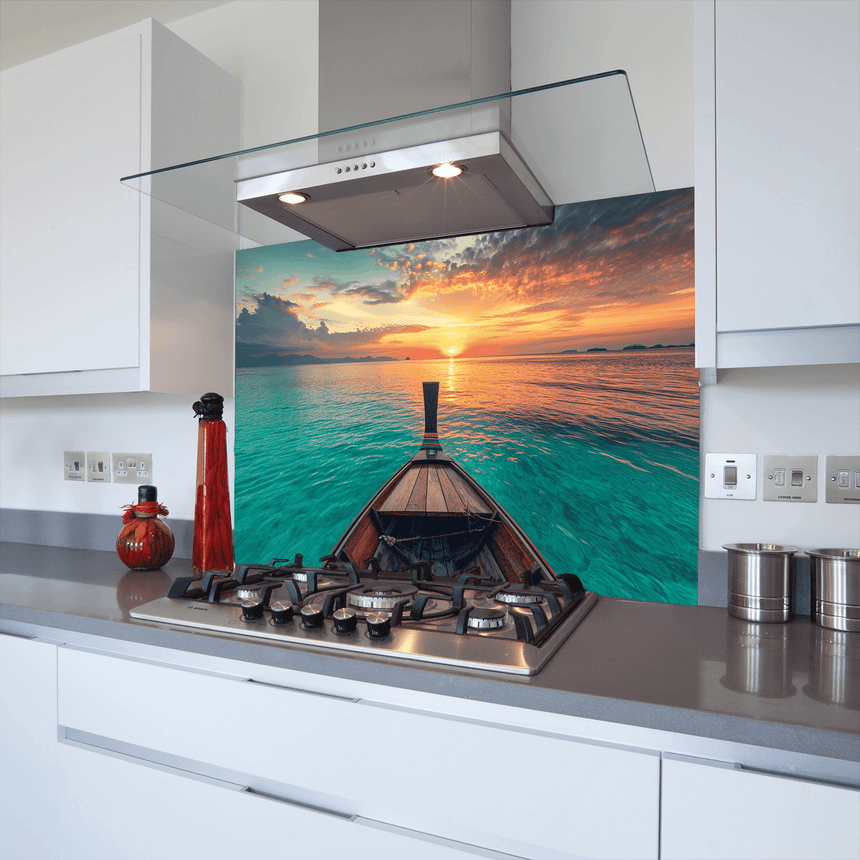 Boat in the ocean glass splashback