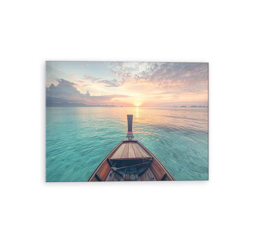 Boat in the ocean glass wall art
