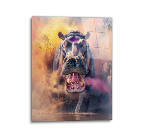 charging hippo glass wall art