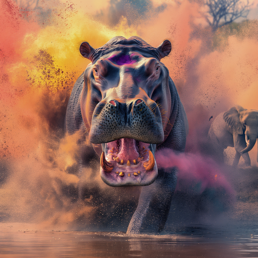 charging hippo glass wall art
