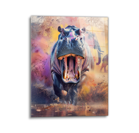 charging hippo glass wall art
