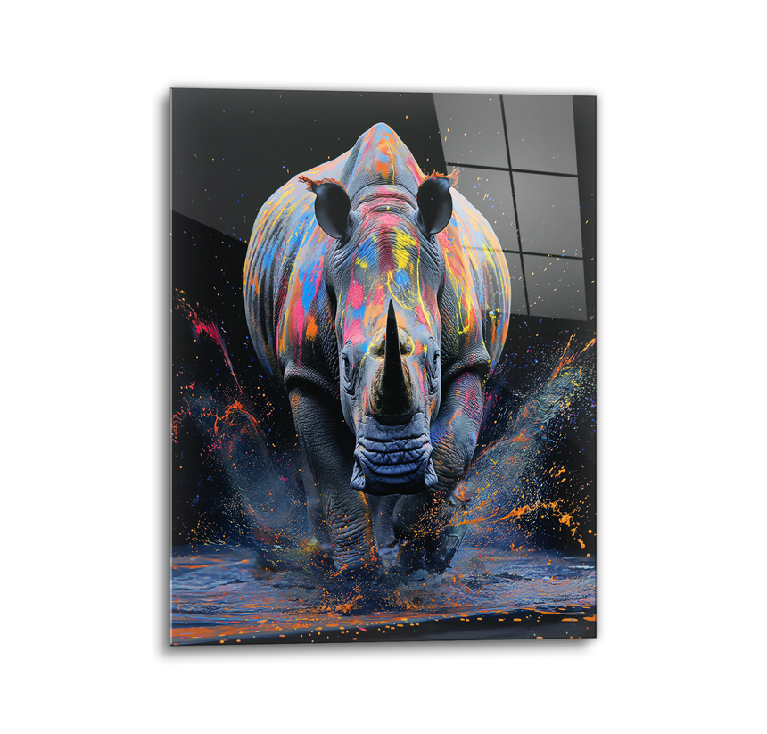 charging rhino glass wall art