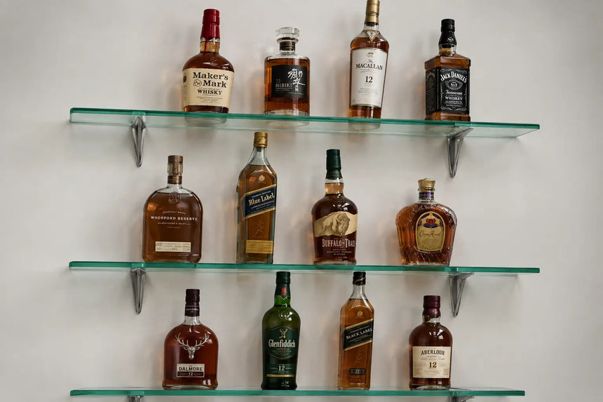 Three clear cut to size glass shelves mounted on a white wall, displaying an assortment of whiskey and spirit bottles including Maker's Mark, Johnnie Walker, and Glenfiddich.