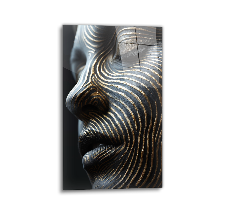 Face with gold lines glass wall art