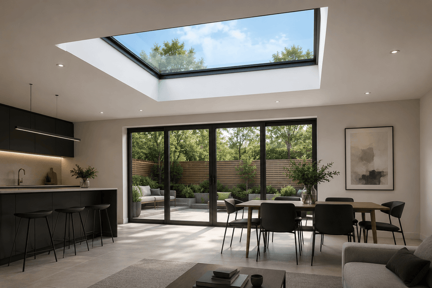 A modern interior room with a large flat roof skylight and floor-to-ceiling glass doors opening onto a garden patio. The space includes a kitchen island with bar stools, a dining table with chairs, a sofa, and framed wall art.