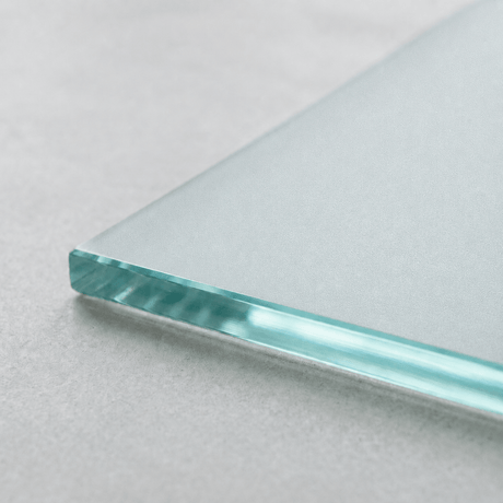 Frosted toughened glass cut to size panel showing the acid-etched satin finish