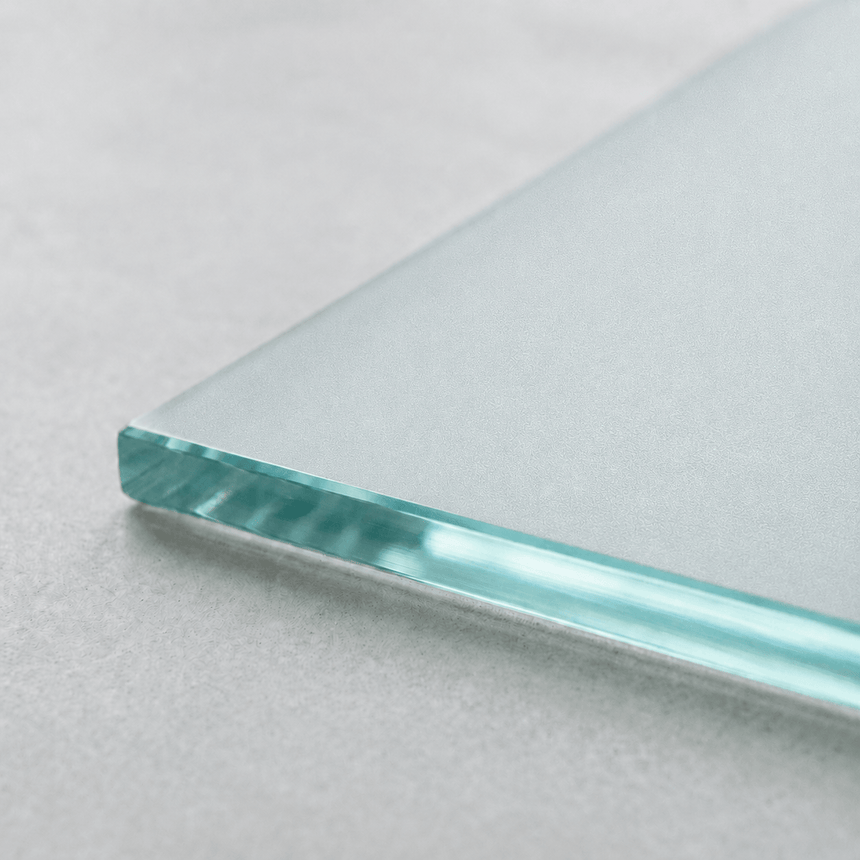 Frosted toughened glass cut to size panel showing the acid-etched satin finish