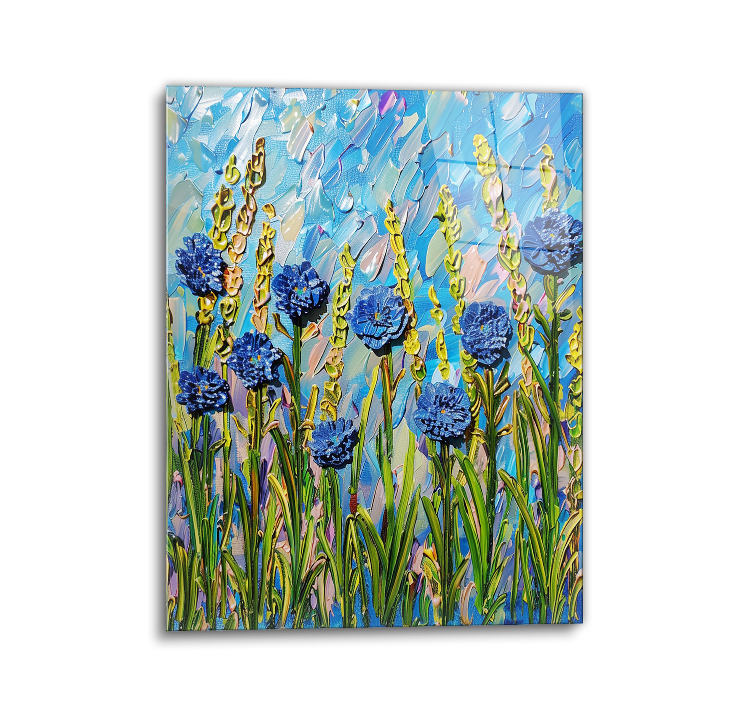 Painted cornflowers glass wall art
