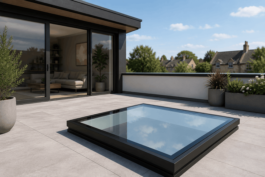 A modern square flat roof skylight with a black frame and clear glass top, installed on a light gray concrete patio next to a house with large sliding glass doors.
